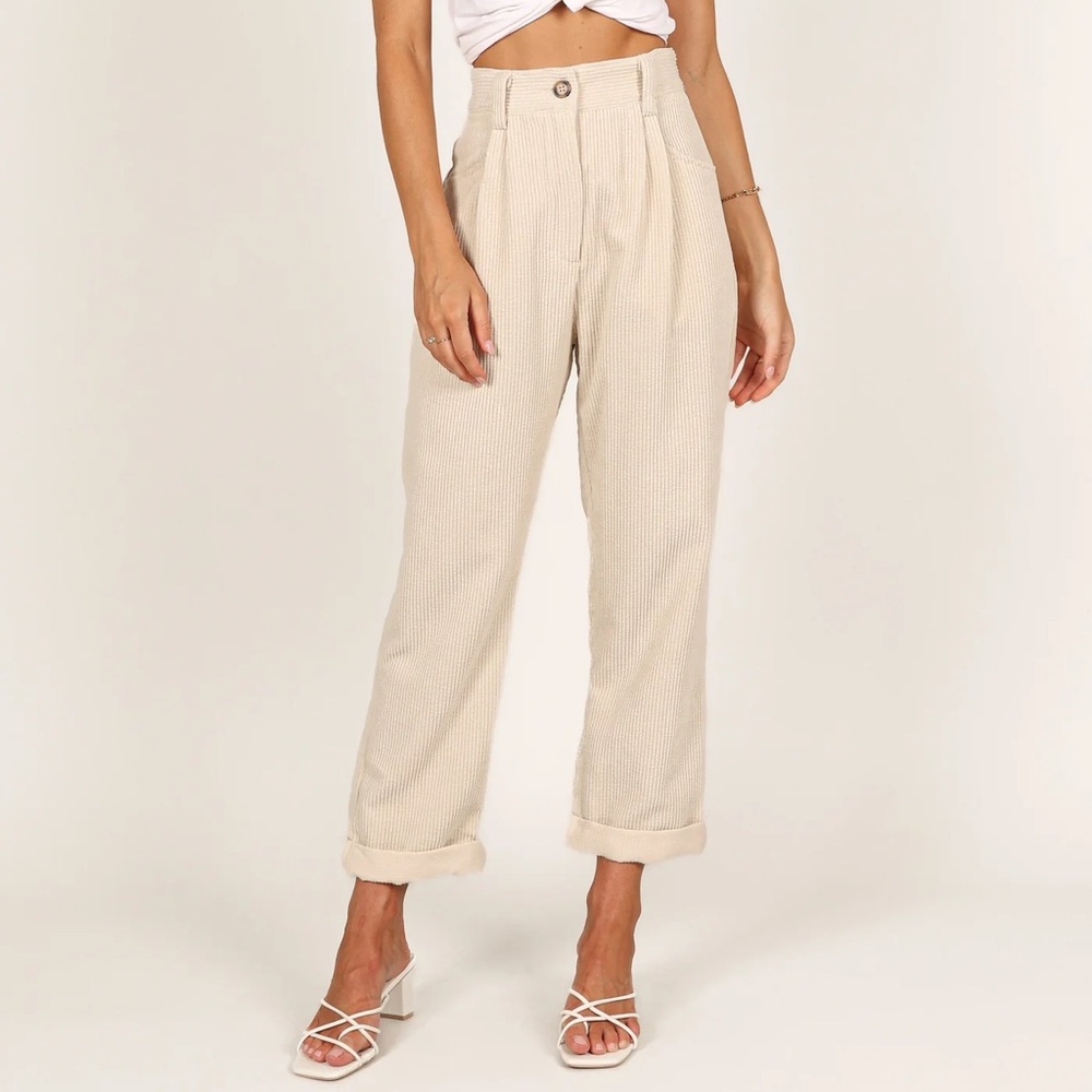 Petal & Pub Talaren Cord Pant‎ In Cream High Waisted 8 Rolled Cuff Pleated Front